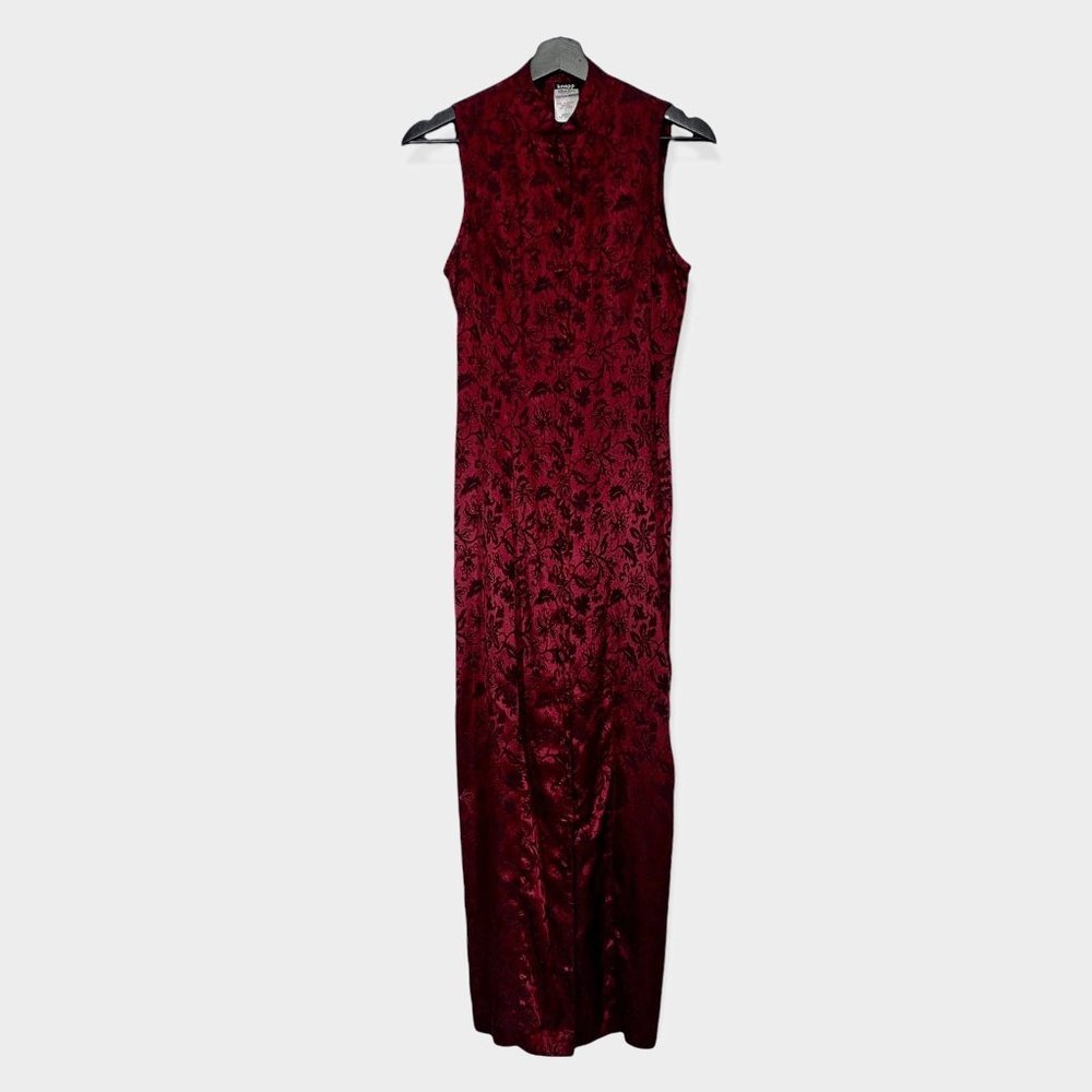 Vintage 90s Knapp Studio Cheongsam Satin Full Length Dress Medium - Picture 1 of 12